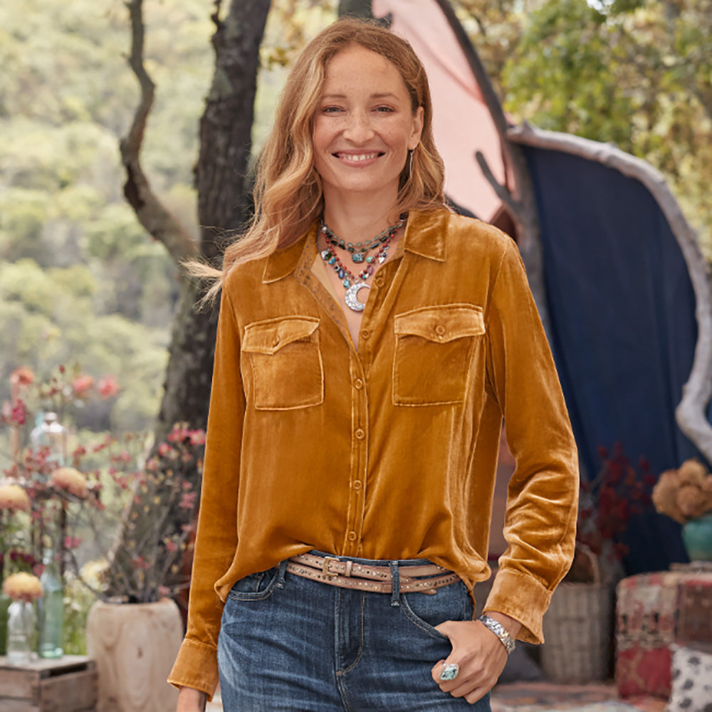 Damen Veloursbluse mit dekorativen Taschen Sovae