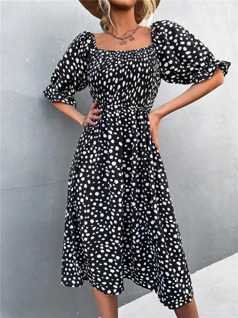 Damen Midikleid mit Puffärmeln und figurbetontem Taillenschnitt Sovae