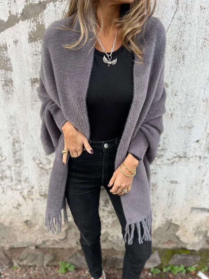 Damen Kuschelige Strickjacke mit Fransen Sovae