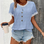 Damen luftiges Karomuster Bluse mit Spitzenkragen Sovae