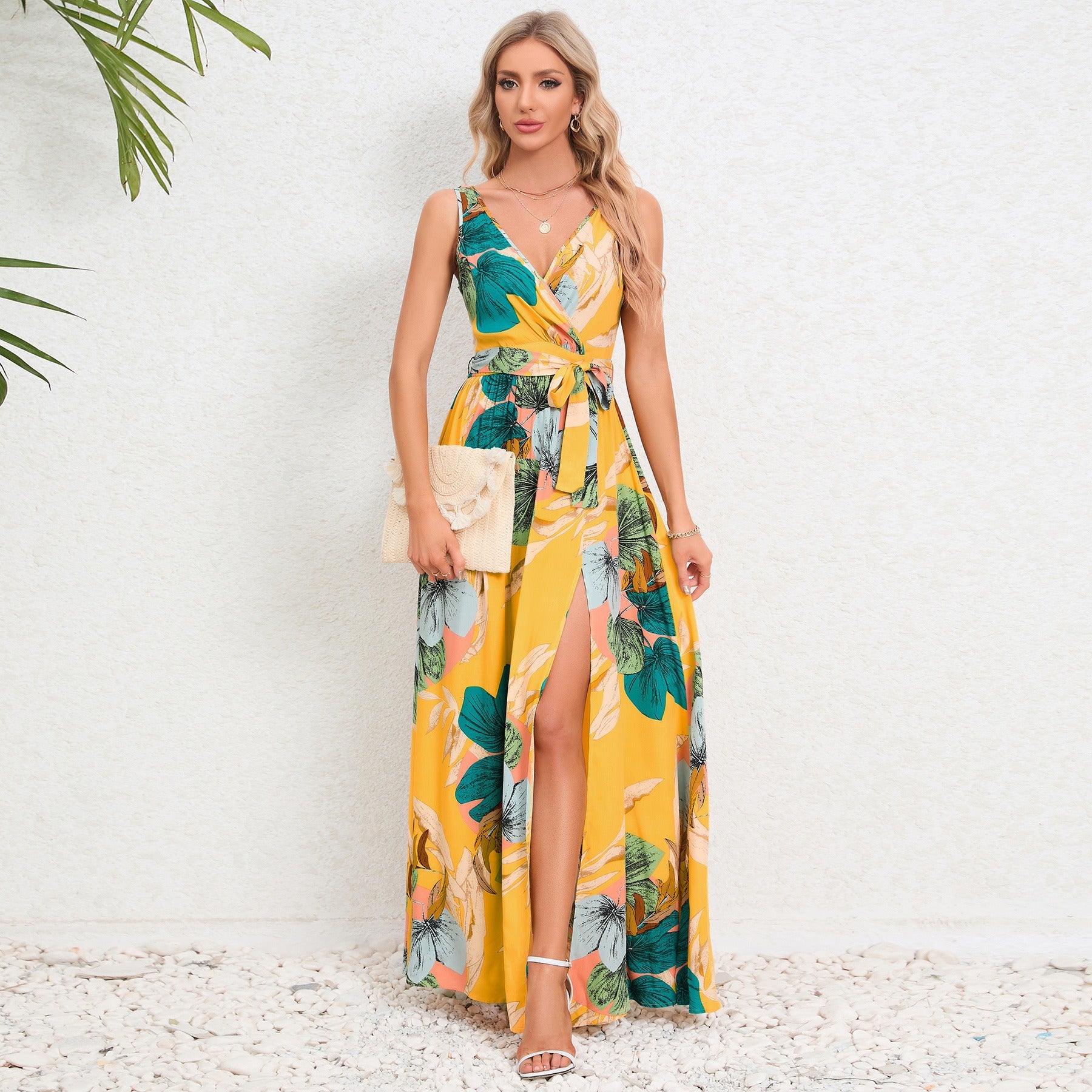 Damen Maxikleid mit tiefem V-Ausschnitt und floralem Muster Sovae