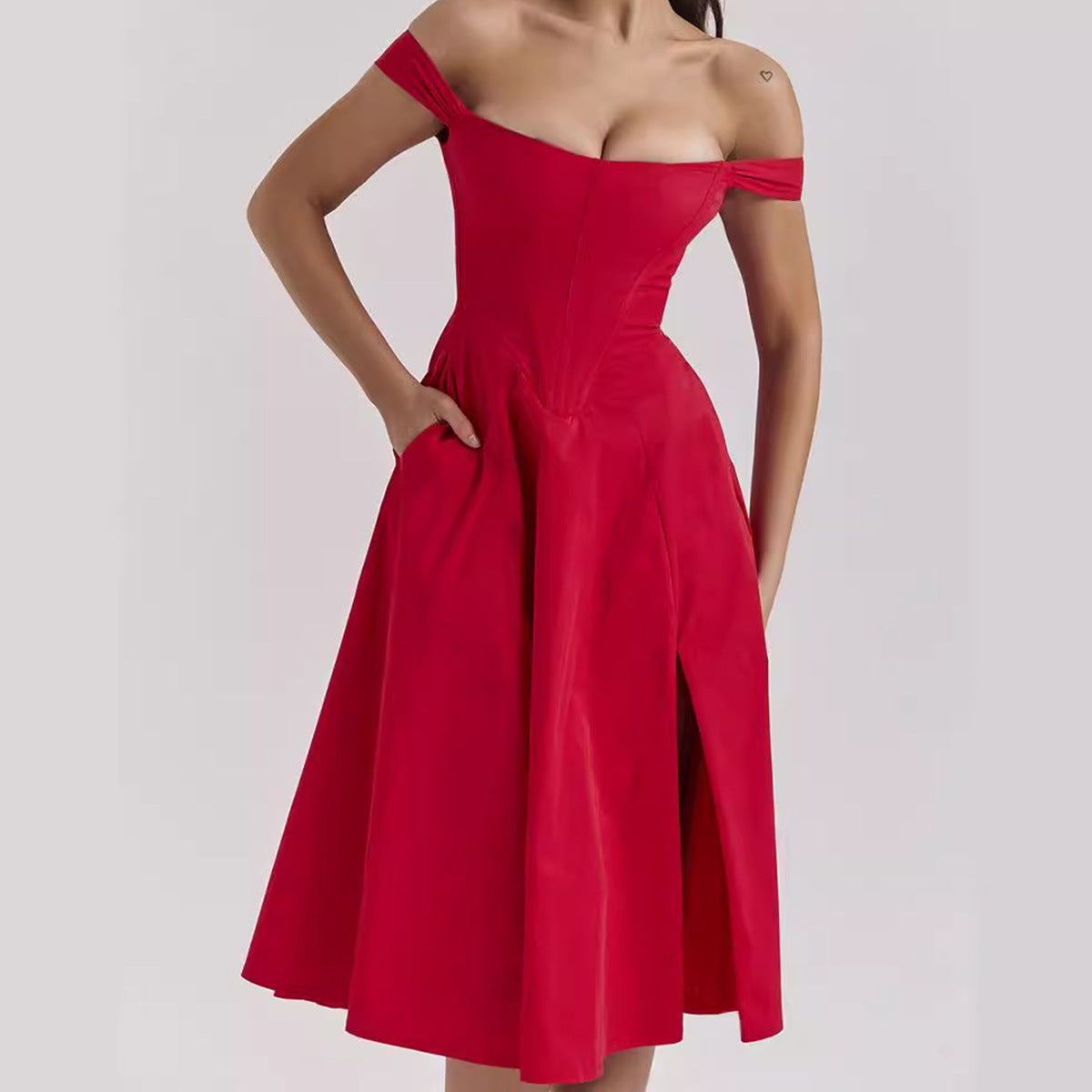 Damen schulterfreies Midikleid mit floralem Design und Eingrifftaschen Sovae