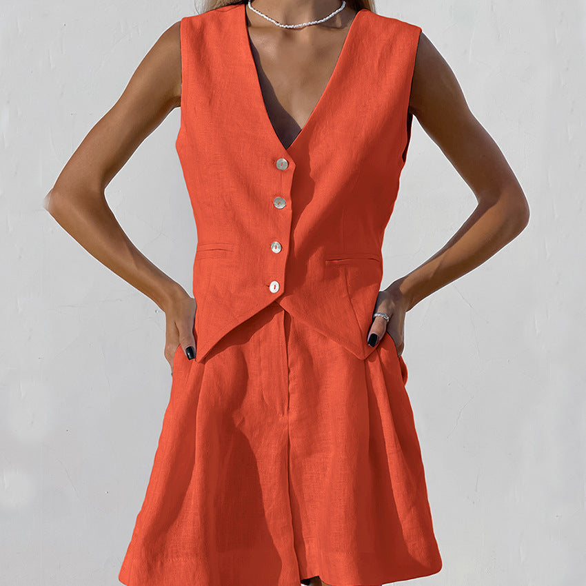 Damen Anzugkleid mit knopfdetaillierter Weste und fließendem Rock Sovae