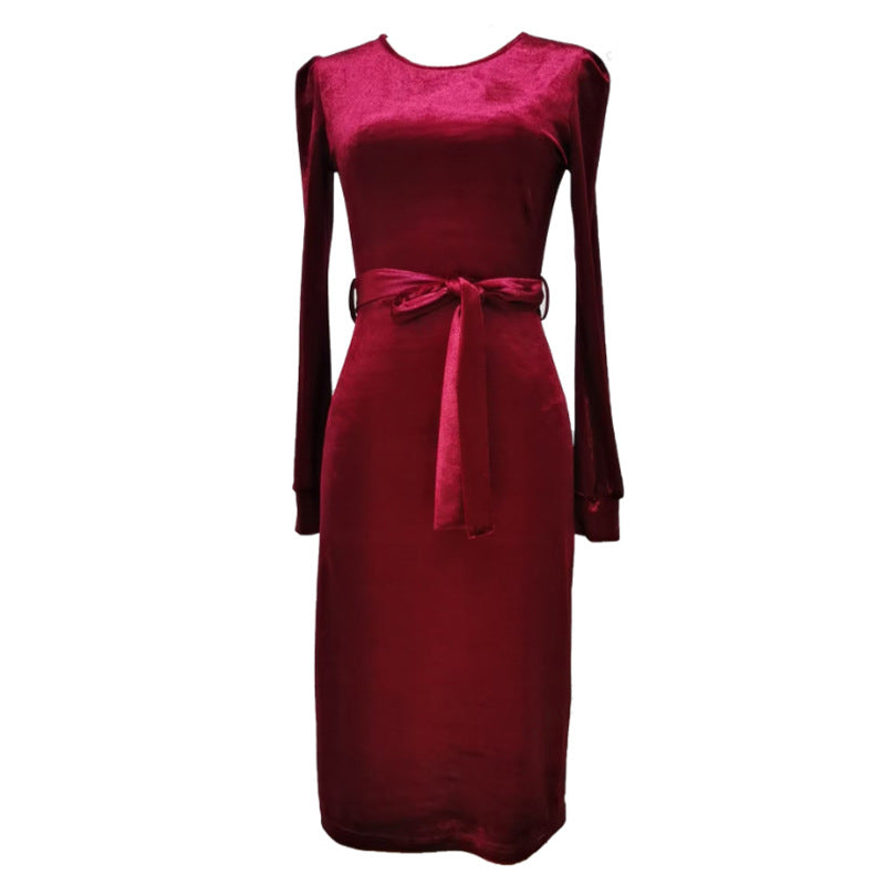 Damen Elegantes Samt-Midikleid mit Taillengürtel Sovae
