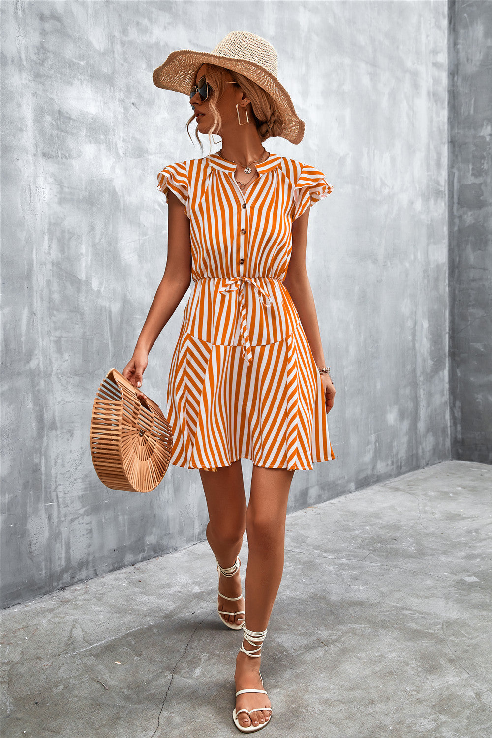 Damen Kurzarm-Kleid im angesagten Streifenlook mit Taillenzug und eleganten Rüschendetails Sovae