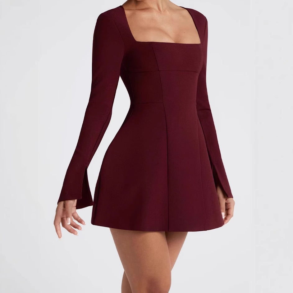 Damen Elegantes Minikleid mit Quadrat-Ausschnitt und ausgestellten Ärmeln Sovae