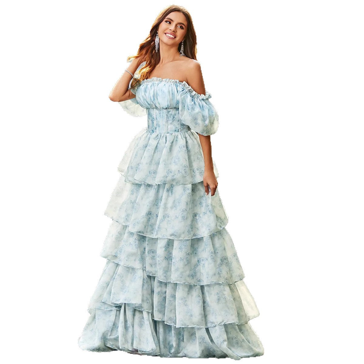 Damen Off-Shoulder Maxikleid mit voluminösen Rüschen Sovae