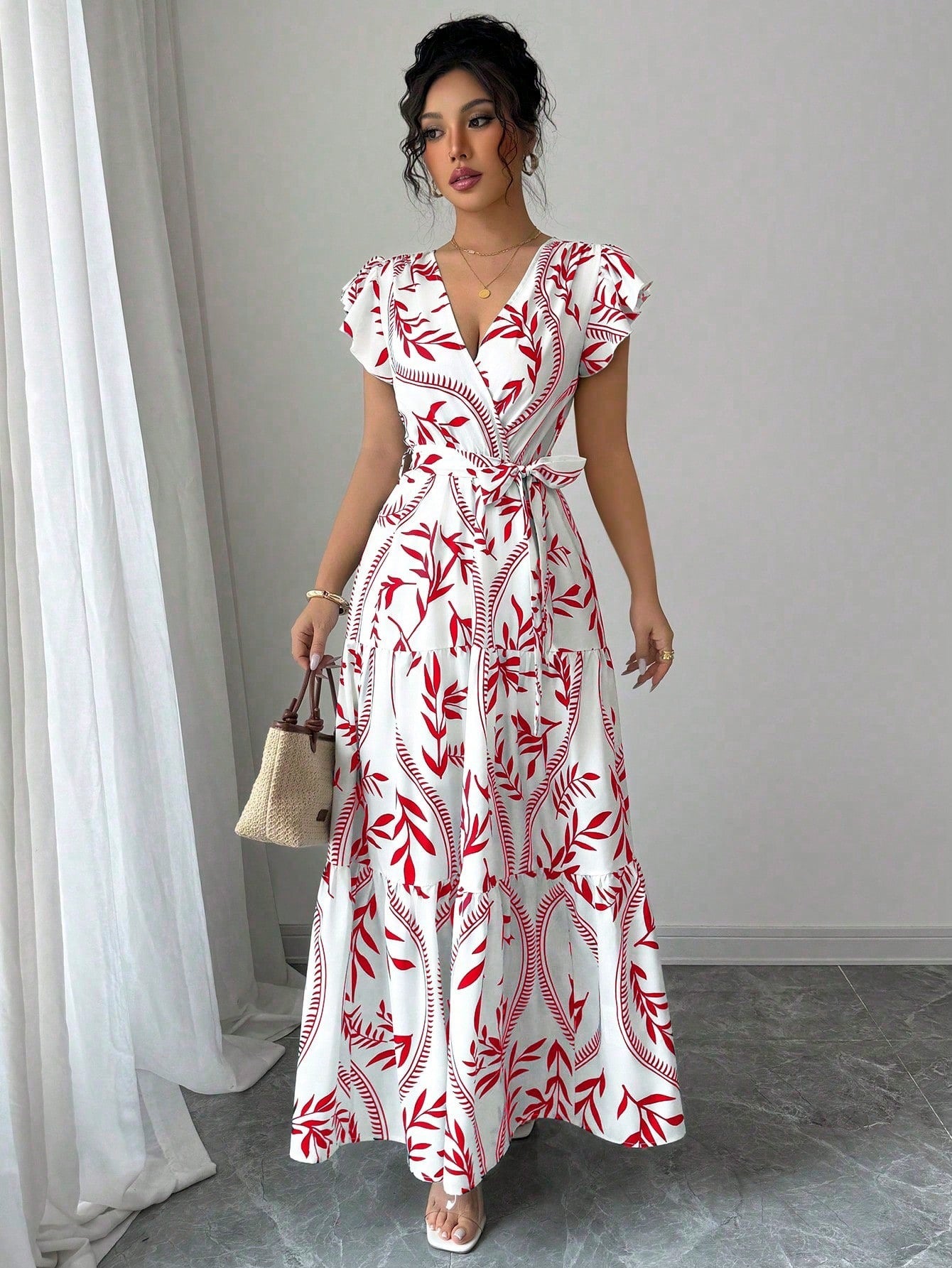 Damen Wickelmaxikleid mit floralen Mustern Sovae