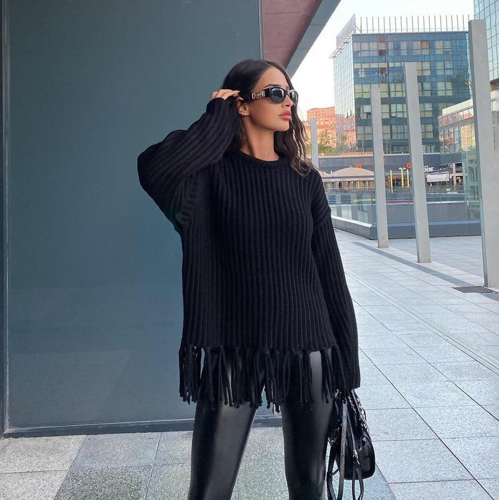 Damen Strickpulli mit Fransen Sovae