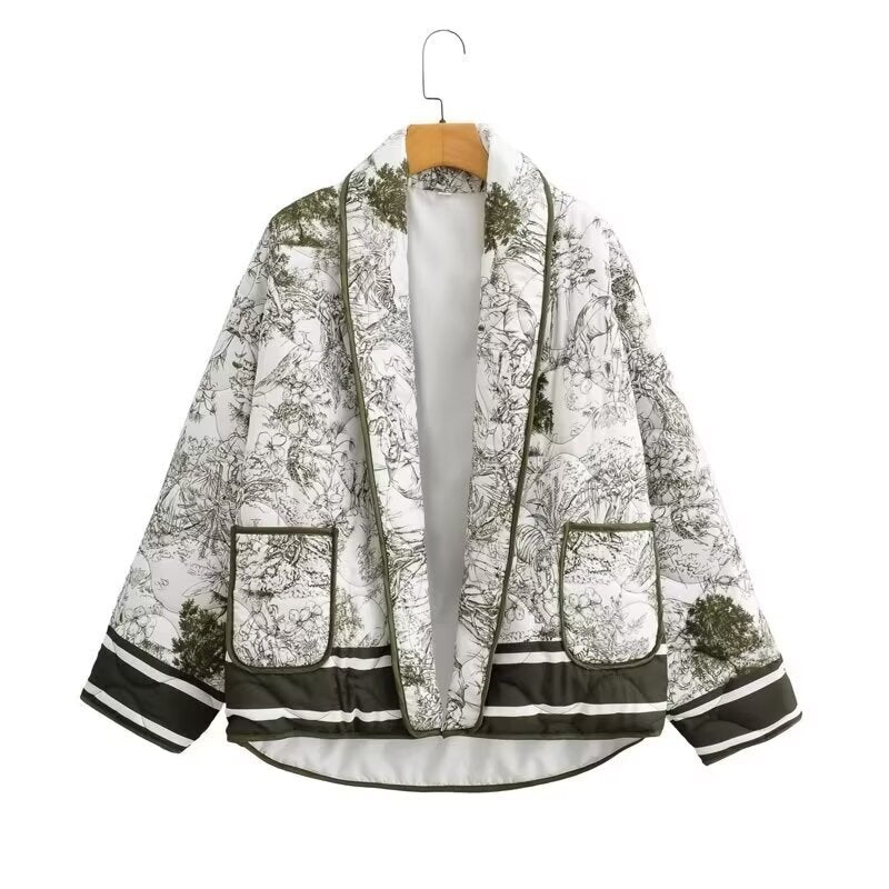 Damen leichte Steppjacke im botanischen Design mit großen Taschen Sovae