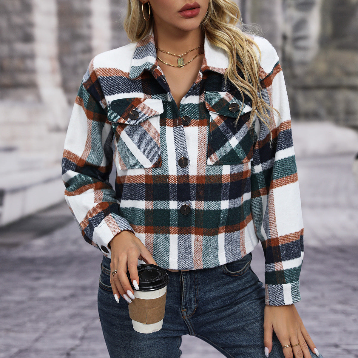 Damen Kariertes Flanellovershirt Sovae