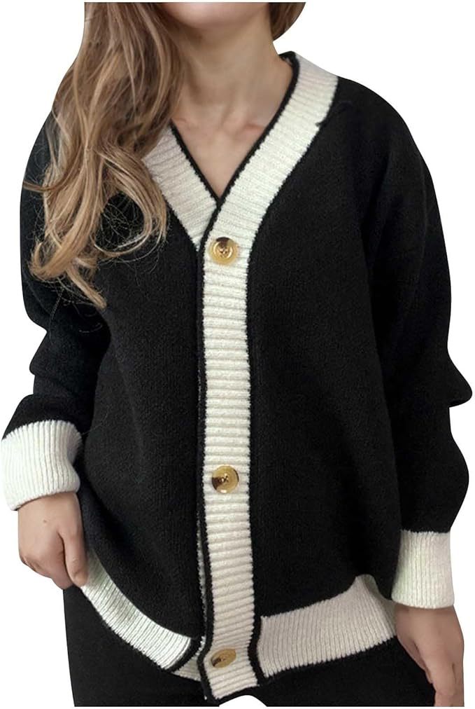 Damen lässige Strickjacke mit kontrastierenden Bündchen und dezenter Knopfleiste Sovae