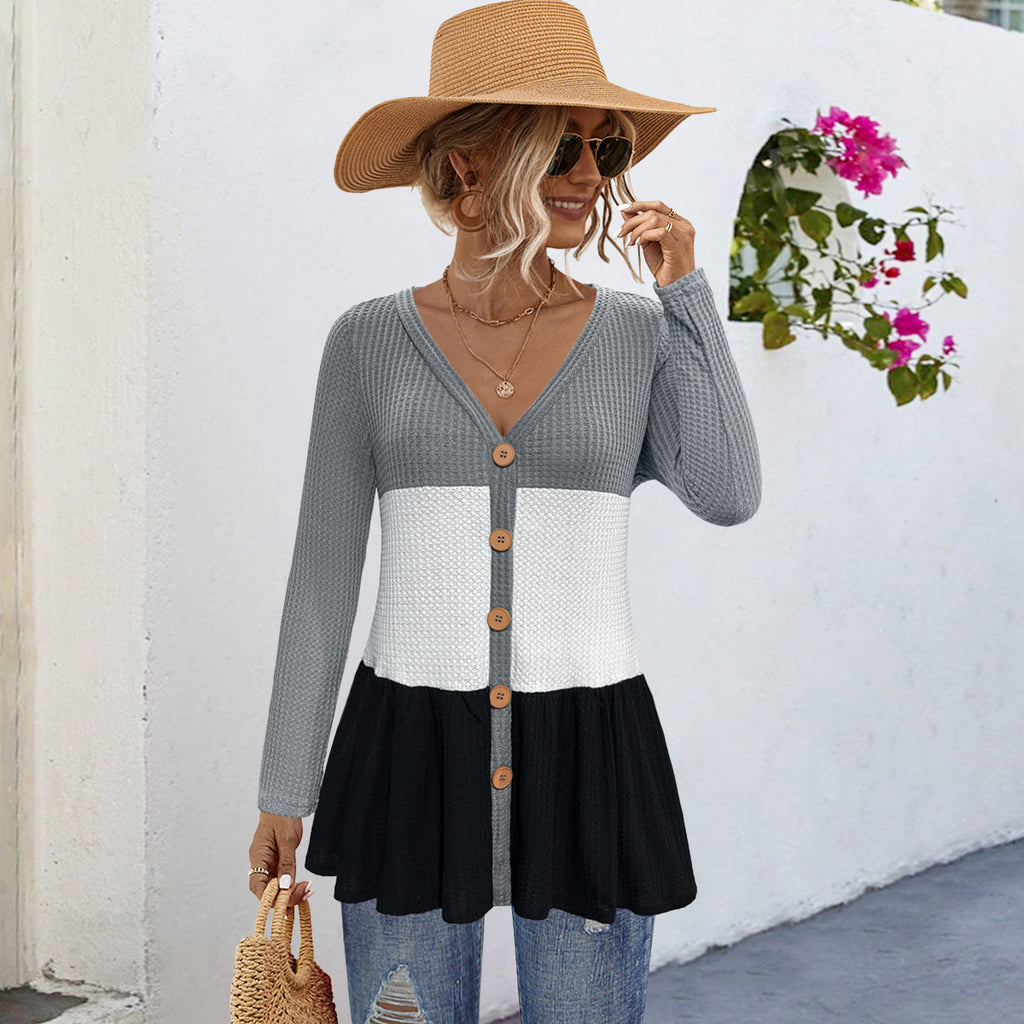 Damen modische Strickjacke mit knöpfigem Design und voluminösem Saum Sovae