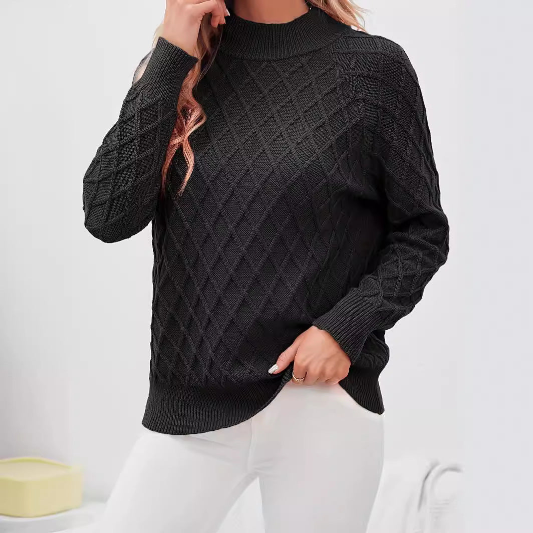 Damen stylischer Strickpullover mit Rautenmuster und hohem Kragen Sovae