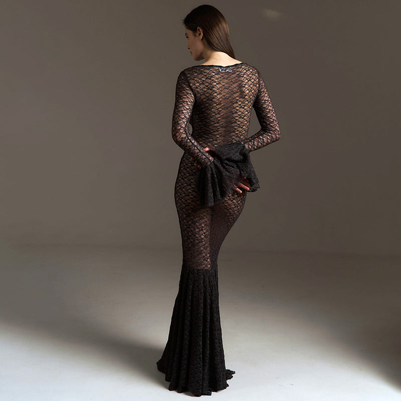 Damen Transparente Spitzenkleid mit dramatischen Ärmeln Sovae