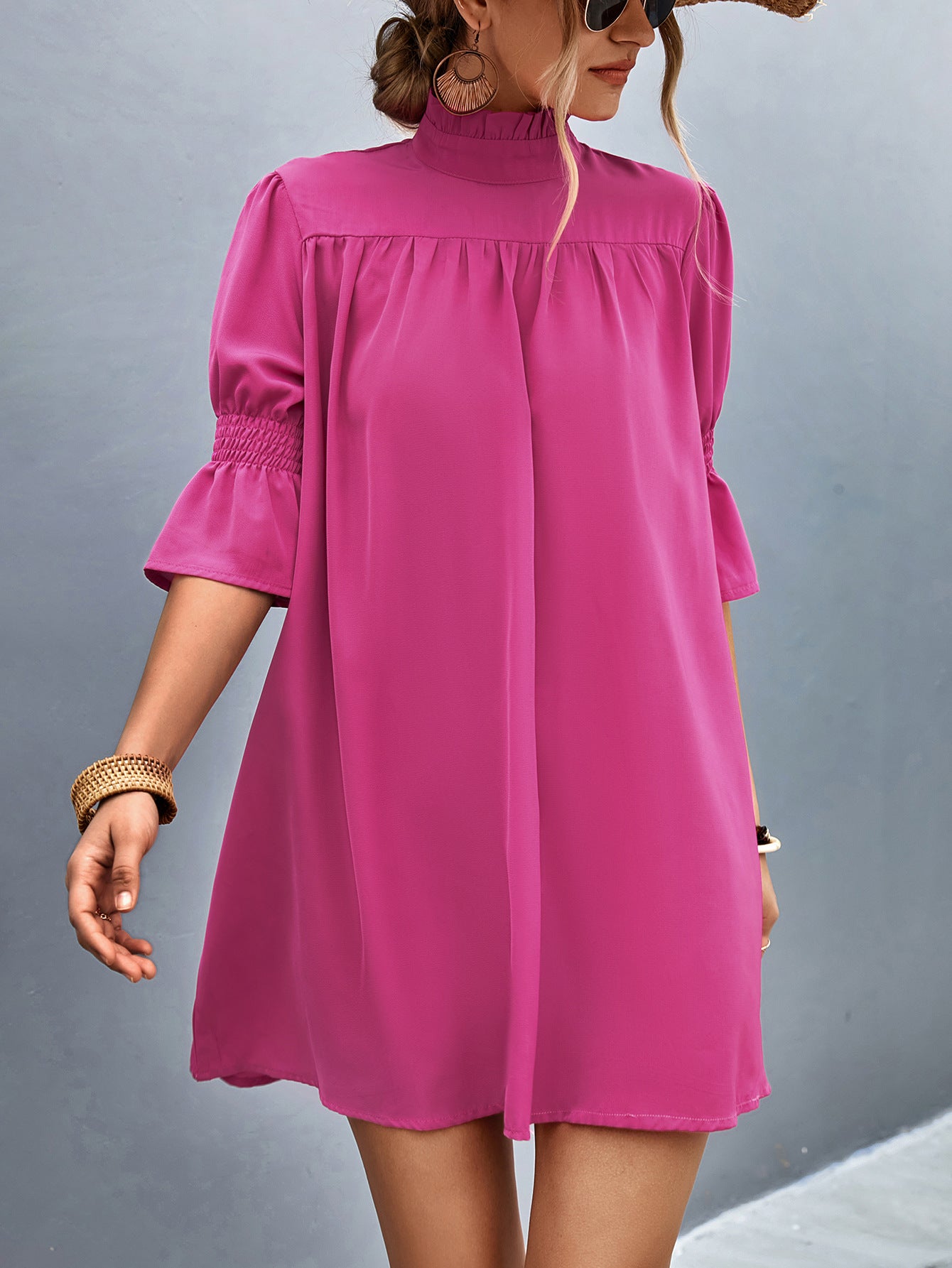 Damen Feierliches Kurzarmkleid mit Stehkragen und luftigen Ärmeln Sovae