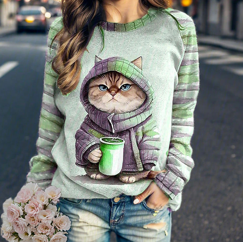 Damen Sweatshirt mit Katzenmotiv und Kapuze Sovae