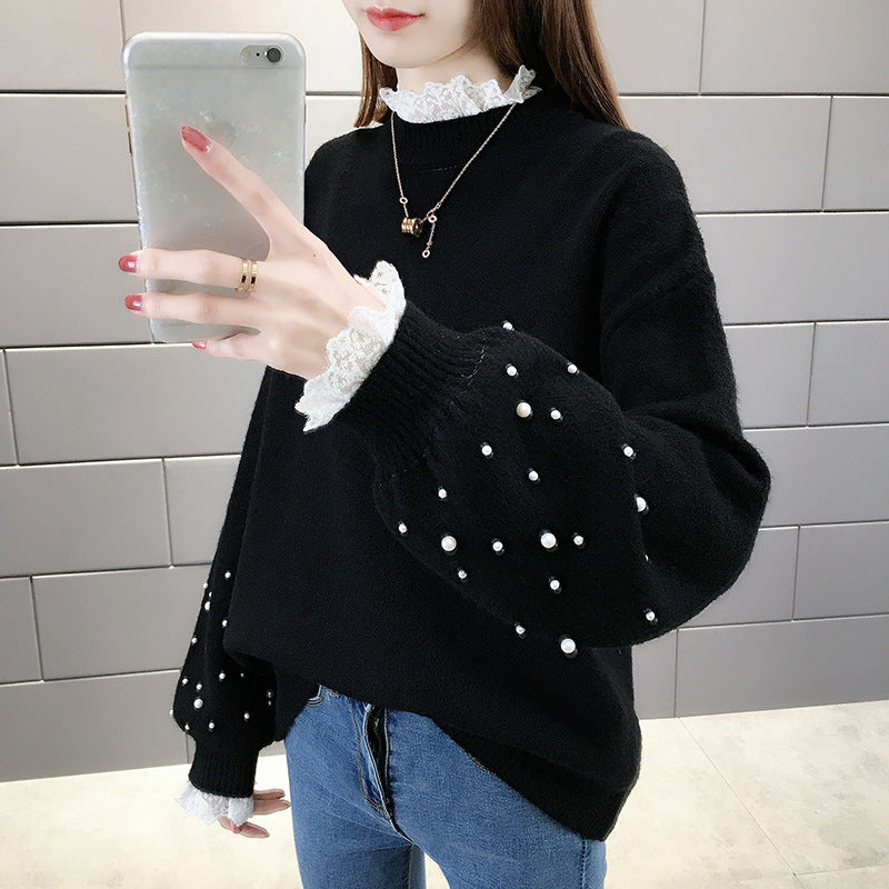 Damen trendiger Strickpullover mit Perlendetails und voluminösen Ärmeln Sovae