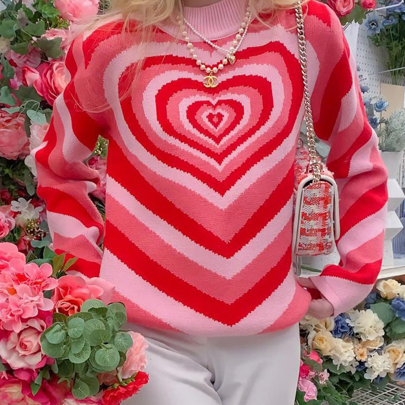 Damen Strickpullover mit herzförmigem Muster und hohem Kragen Sovae