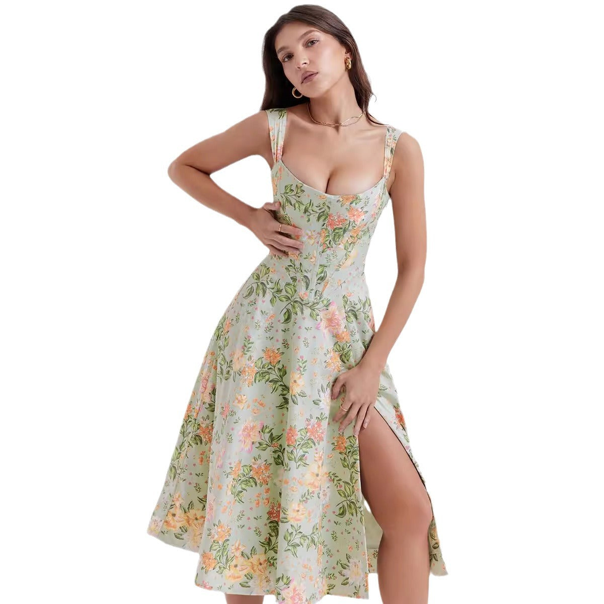 Damen schulterfreies Midikleid mit floralem Design und Eingrifftaschen Sovae