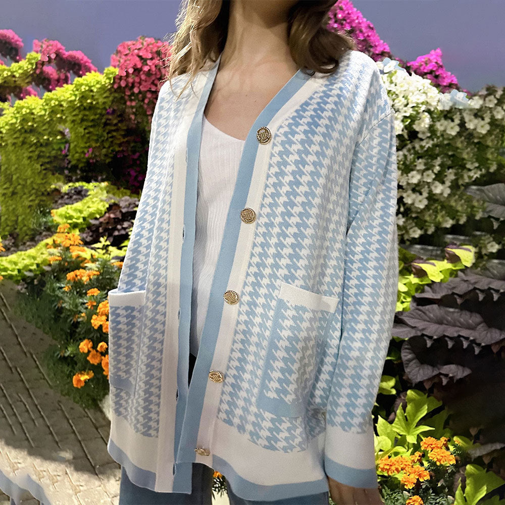 Damen Strickcardigan mit klassischem Hahnentritt-Muster und Knopfleiste Sovae