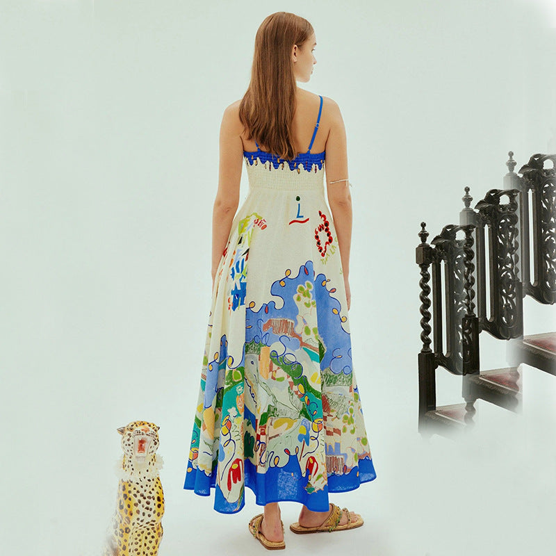 Damen Maxikleid mit buntem grafischen Design und verstellbaren Trägern Sovae
