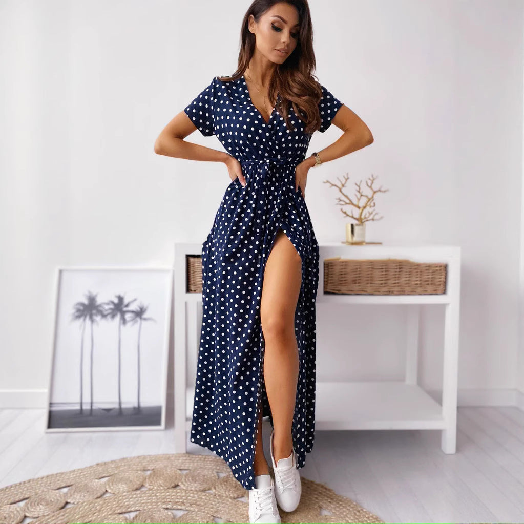 Damen Maxikleid mit Polka-Dots und tiefem V-Ausschnitt Sovae