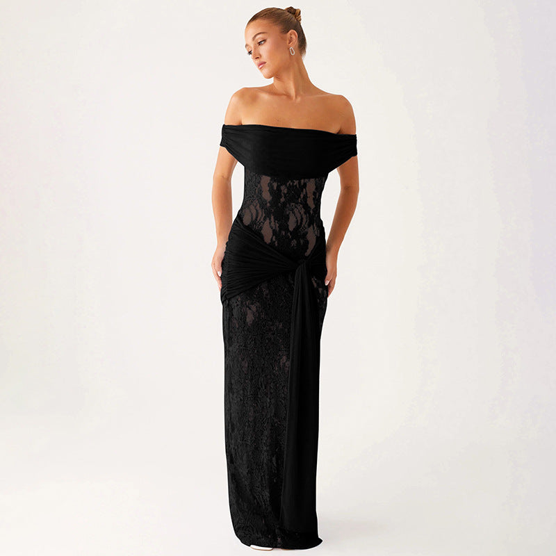 Damen Elegantes Spitzenkleid mit schulterfreiem Design Sovae