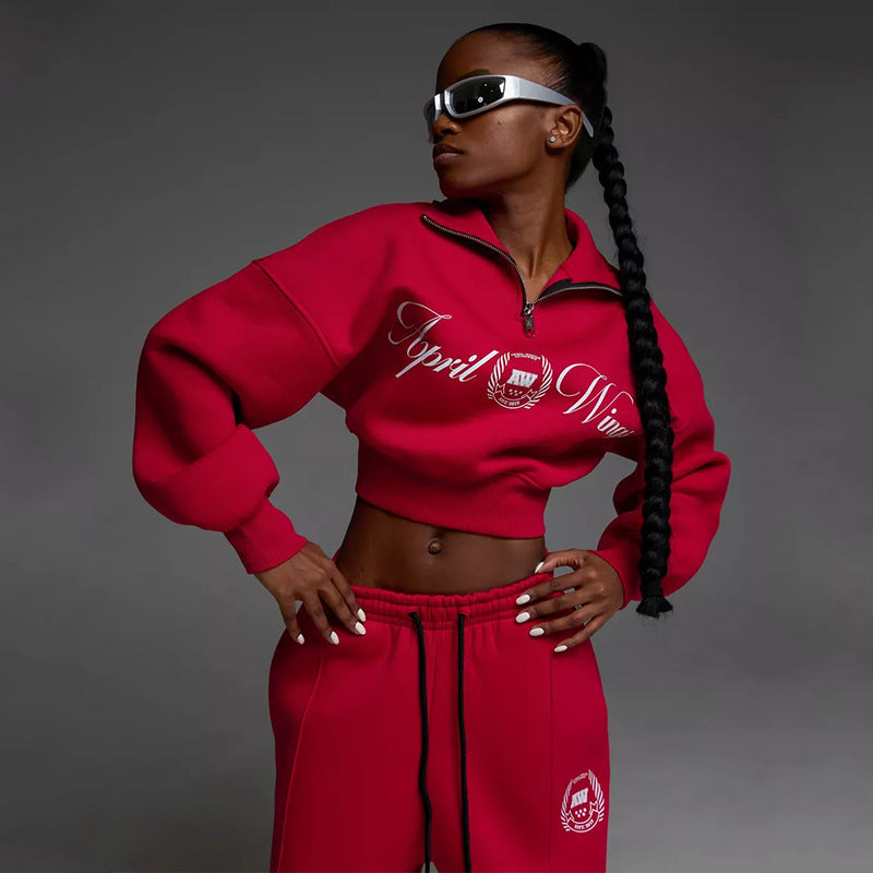 Damen Sportliches Cropped Sweatshirt und lässige Freizeithose Set Sovae