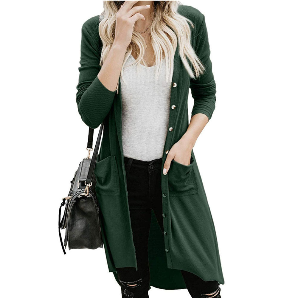 Damen Langer Strickcardigan mit Knopfverschluss und praktischen Taschen Sovae