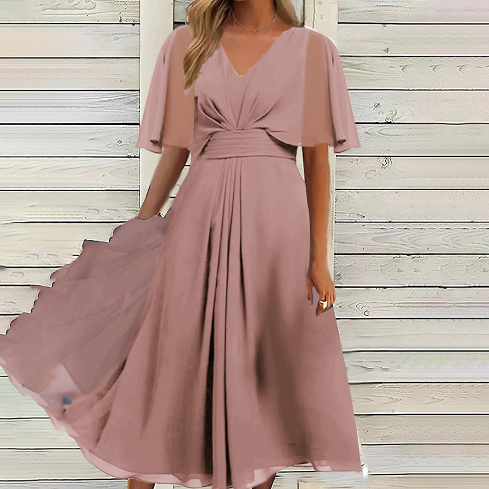 Damen Schwungvolles Elegantes Maxikleid mit femininen Rüsche-Ärmeln und Wickeloptik Sovae