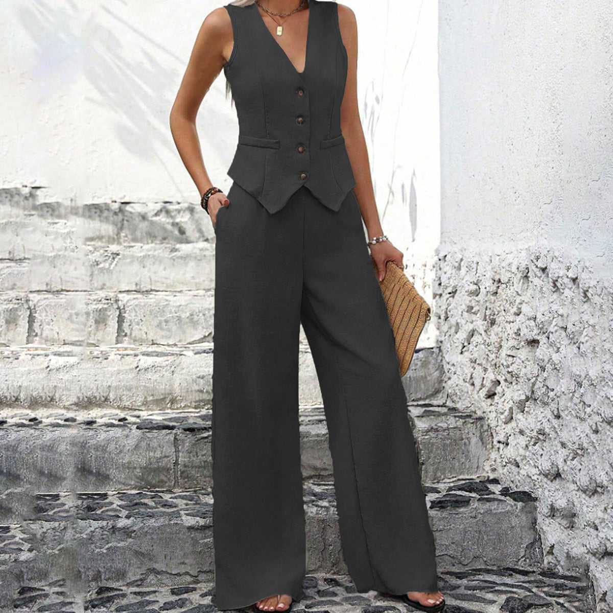 Damen Hosenanzug mit ärmellosem Blazer und weitem Bein Sovae