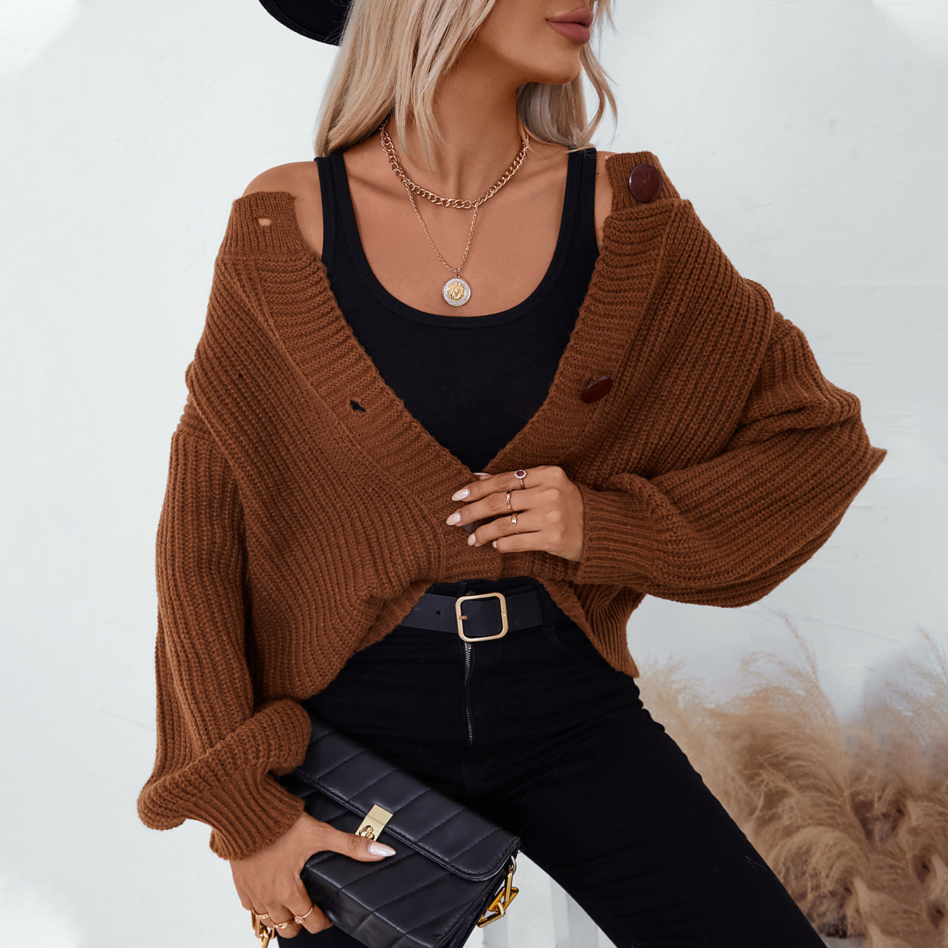 Damen gemütliche Strickjacke mit großen Knöpfen und lässigem Schnitt Sovae