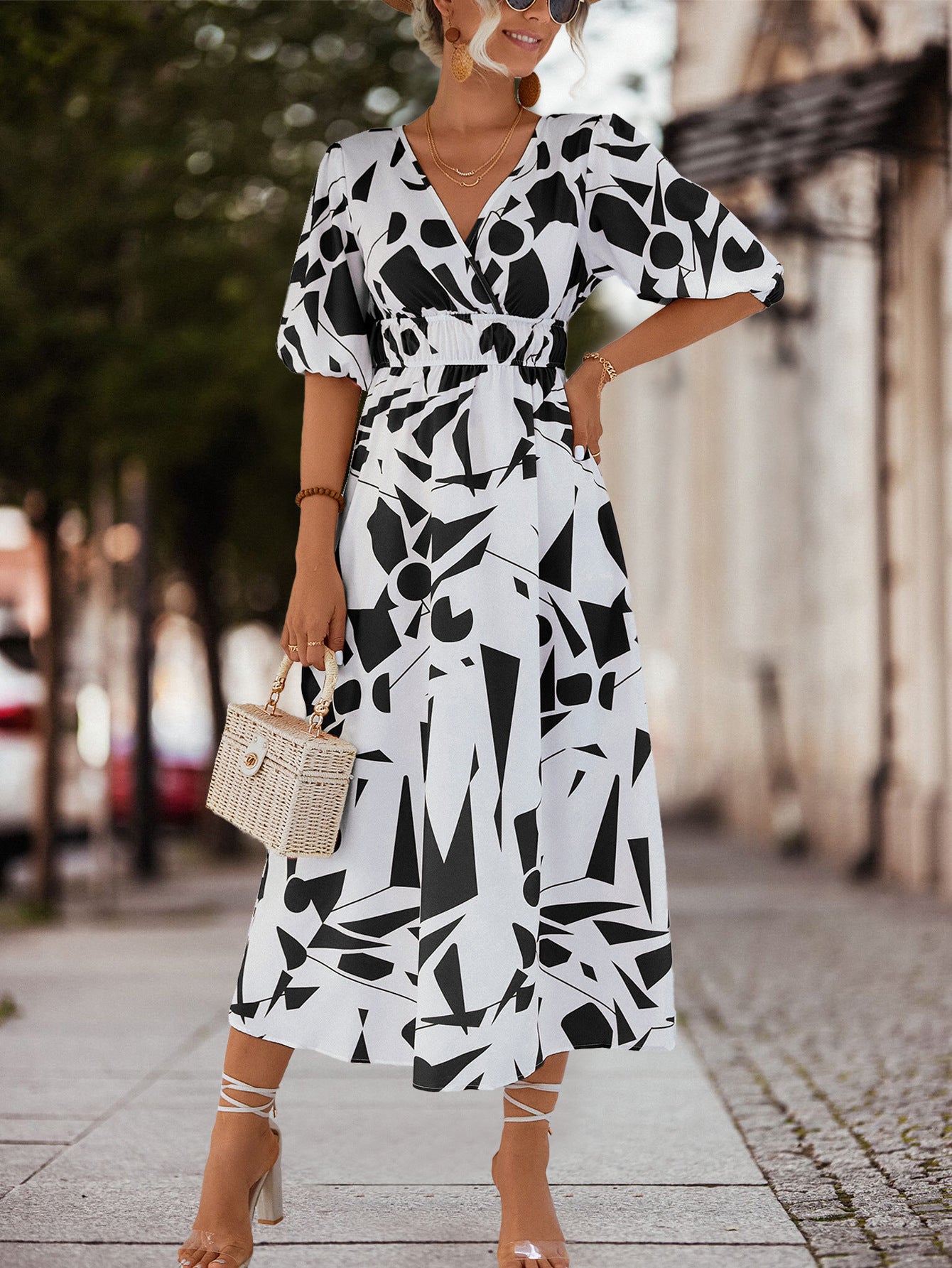 Damen Midikleid mit geometrischem Muster und elastischem Bund Sovae