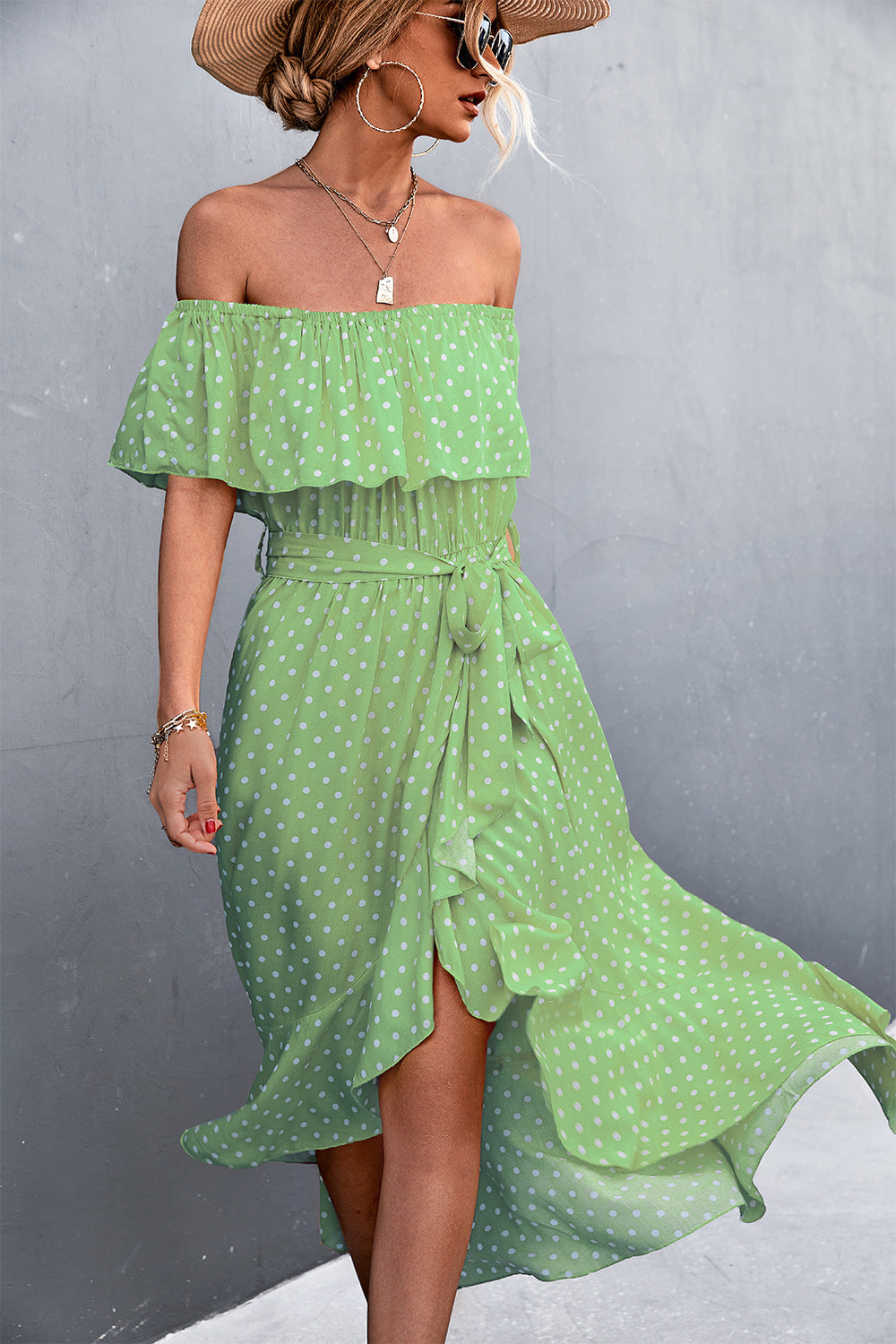 Damen Off-Shoulder Maxikleid mit Rüschendetails und seitlichem Schlitz Sovae