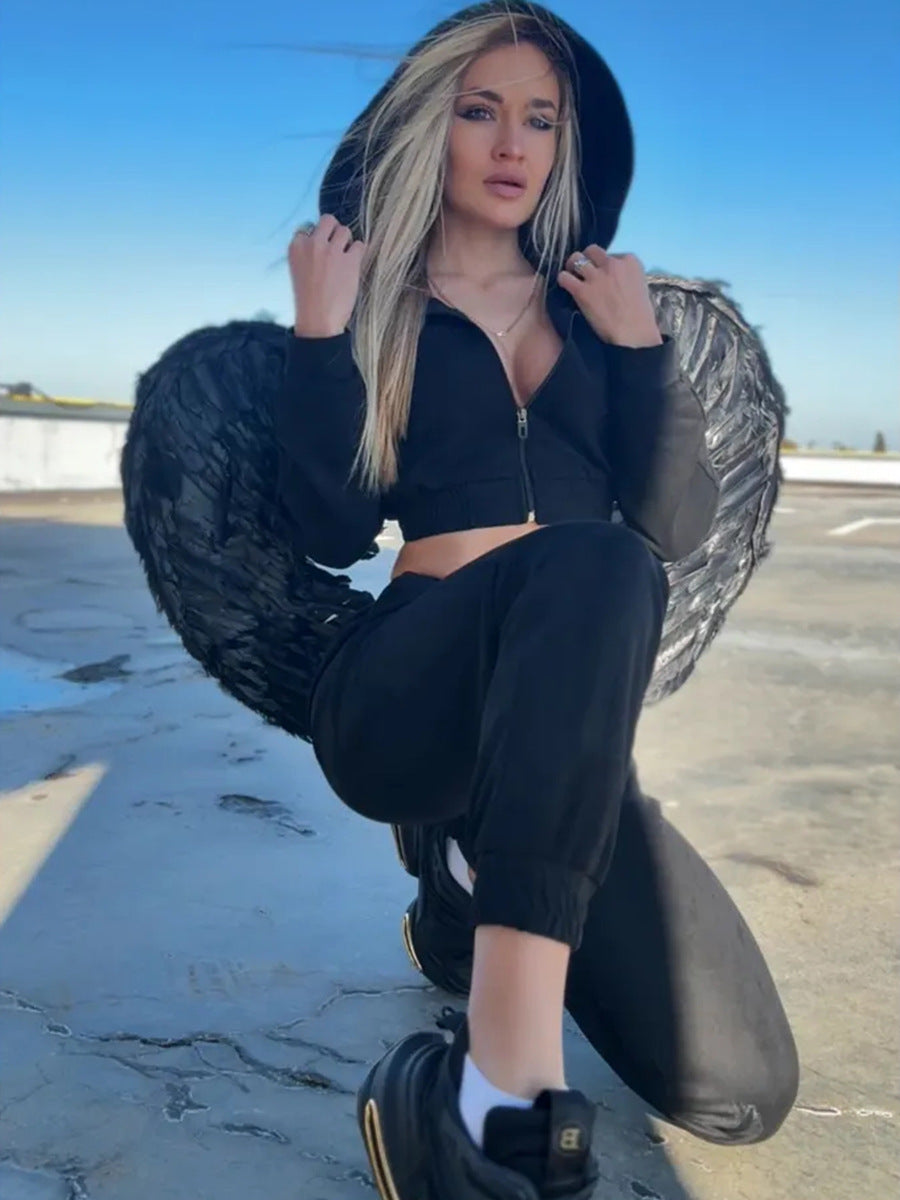 Damen Sportliches Fleece-Cropped-Set mit Kapuze und elastischem Bund Sovae