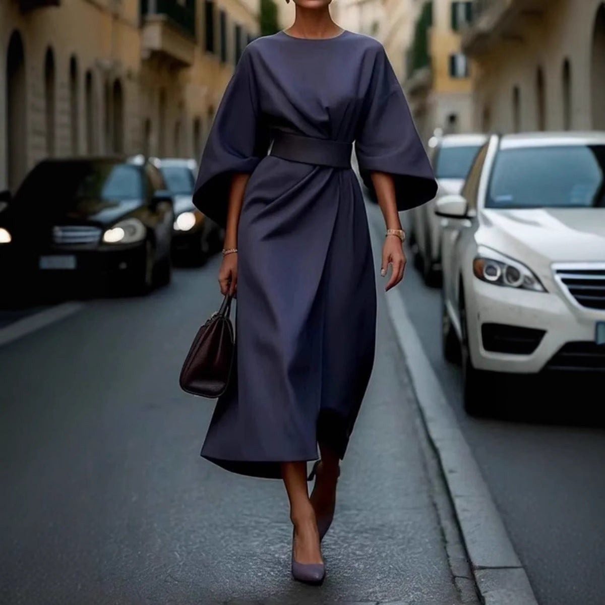 Damen Maxikleid mit eleganten Puffärmeln und Taillengürtel Sovae