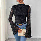 Damen Langarmshirt mit transparenten Glockenärmeln und funkelndem Sternenmuster Sovae