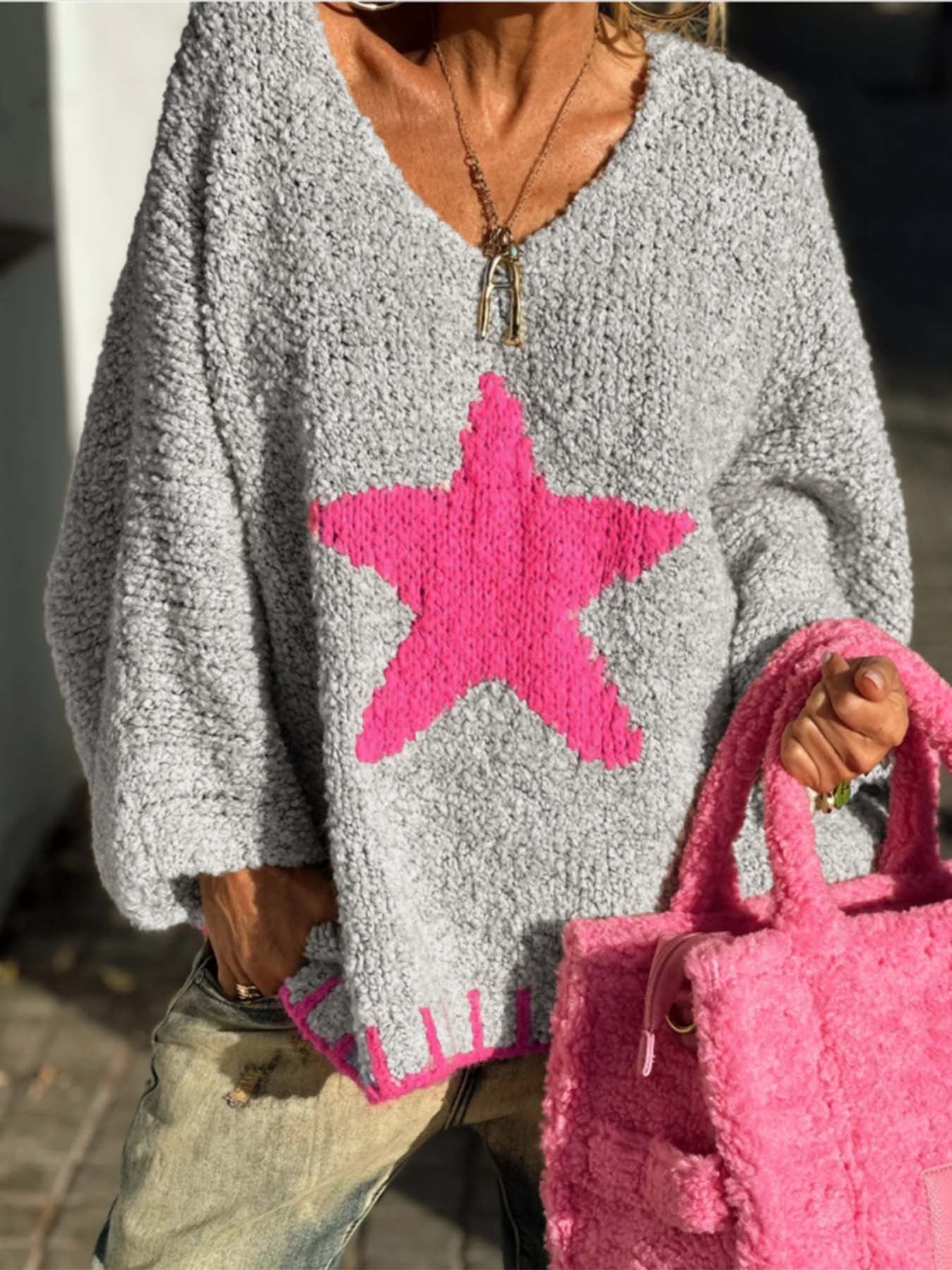 Damen Strickpullover mit V-Ausschnitt und auffälligem Sternenmuster Sovae