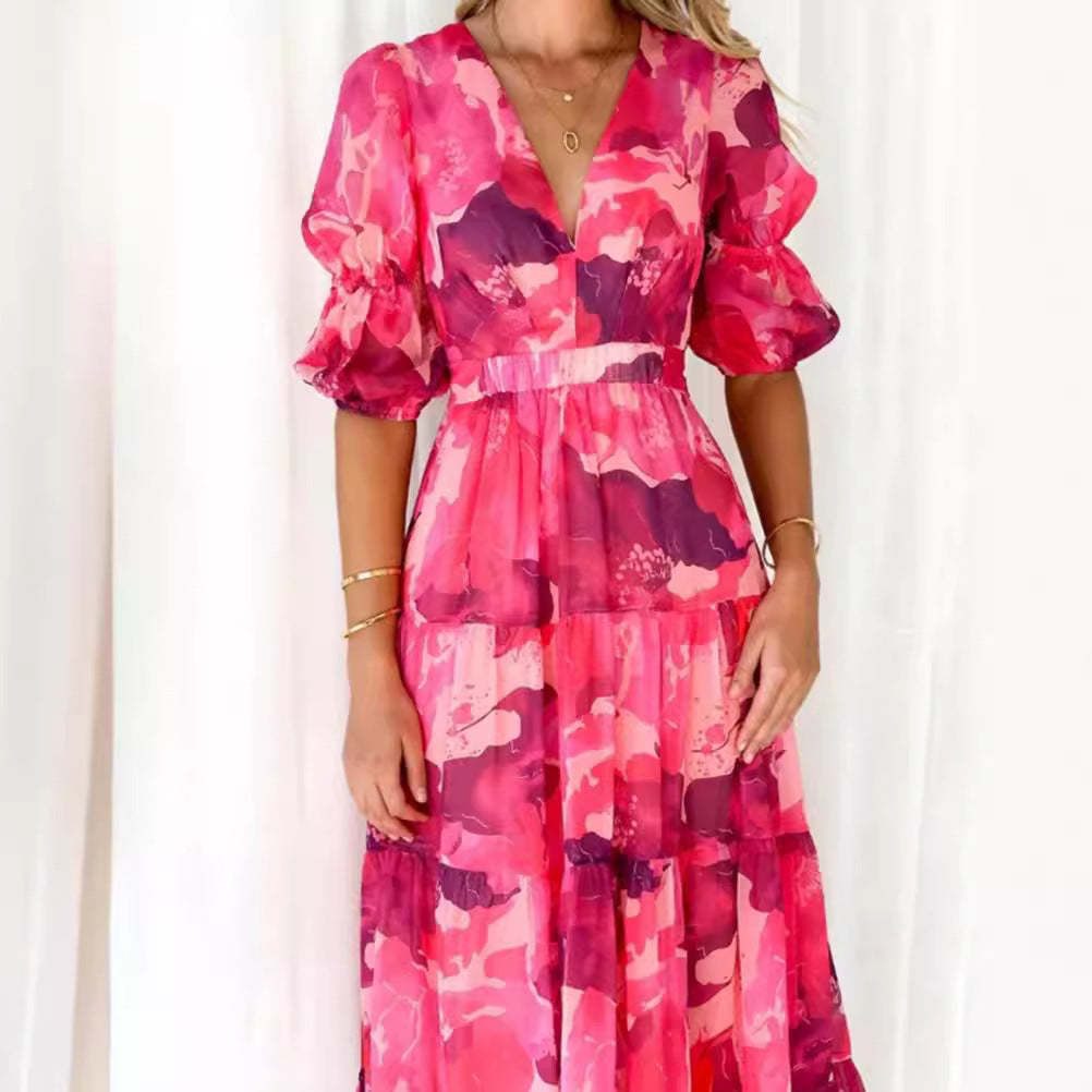 Damen Maxikleid mit voluminösen Rüschen und V-Ausschnitt Sovae