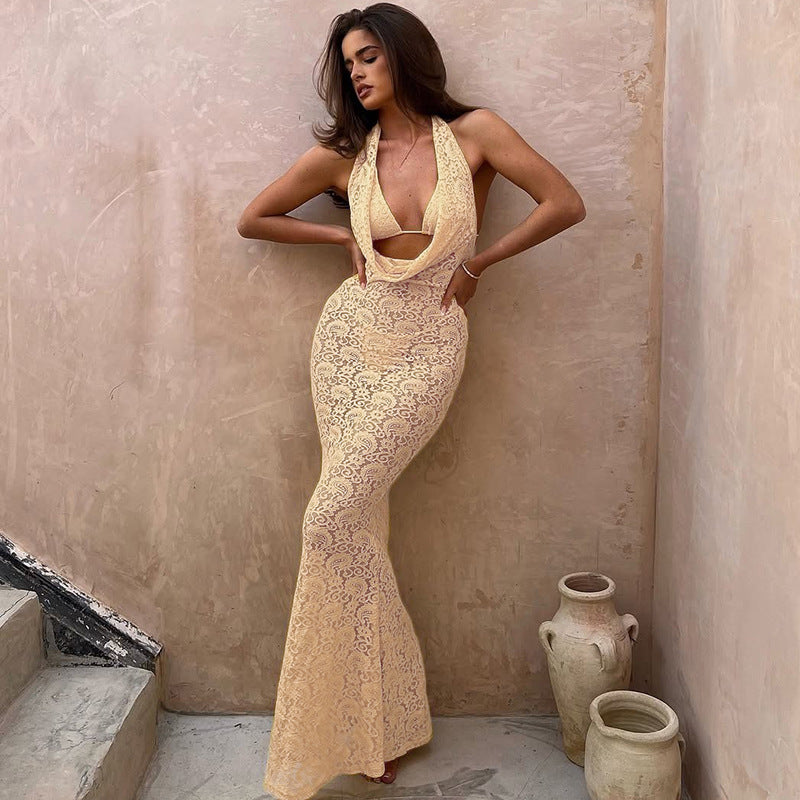 Damen Spitzen-Maxi-Kleid mit tiefem Dekolleté und fließendem Schnitt Sovae