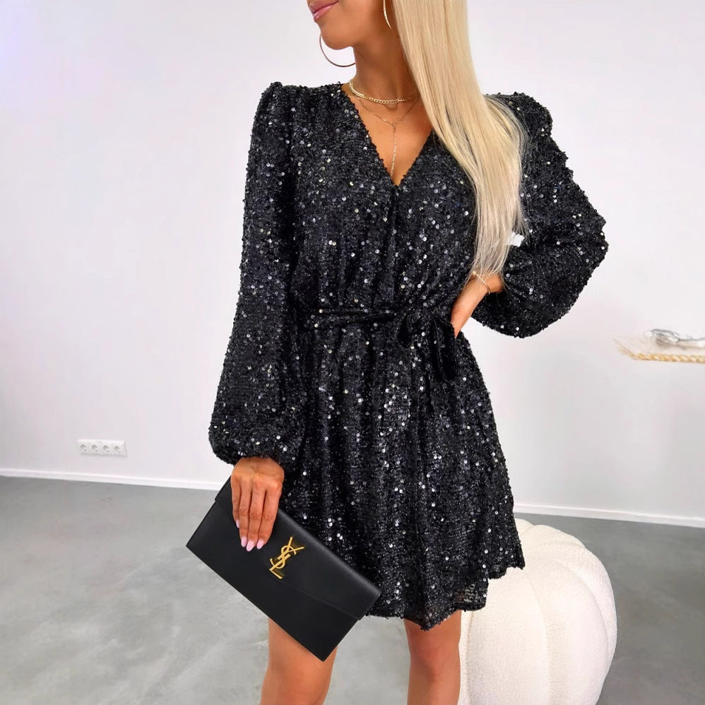 Damen Glitzerndes Minikleid mit V-Ausschnitt und Puffärmeln Sovae