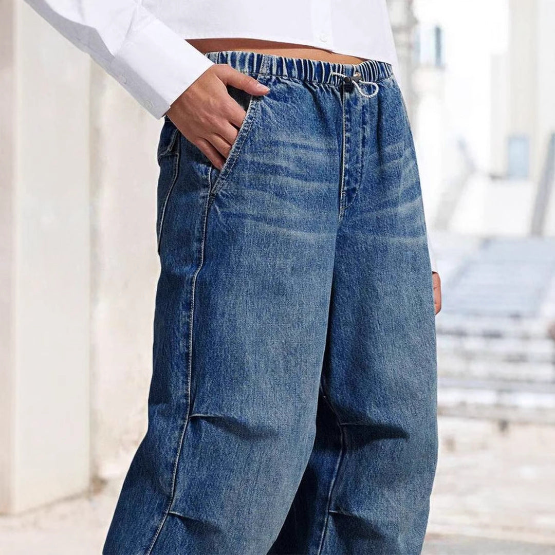 Damen weite High-Waist Denim-Hose mit elastischem Bund Sovae