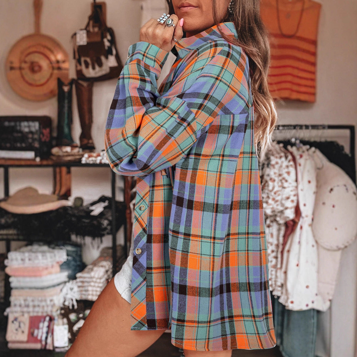 Damen Karierter Flanellhemd mit Brusttasche Sovae