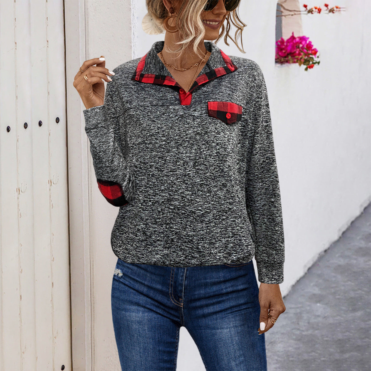 Damen Pullover mit Kragen und kariertem Detail Sovae