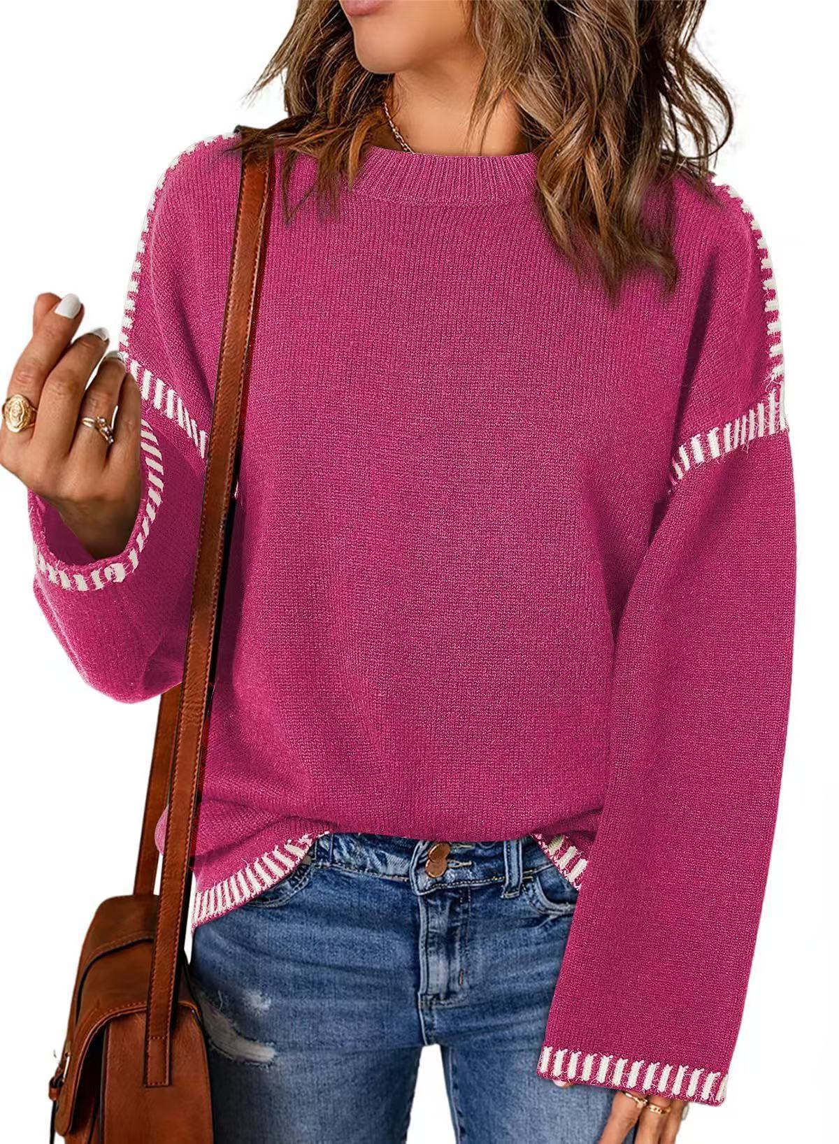 Damen lässiger Strickpullover mit kontrastierenden Bündchen und lässigem Schnitt Sovae