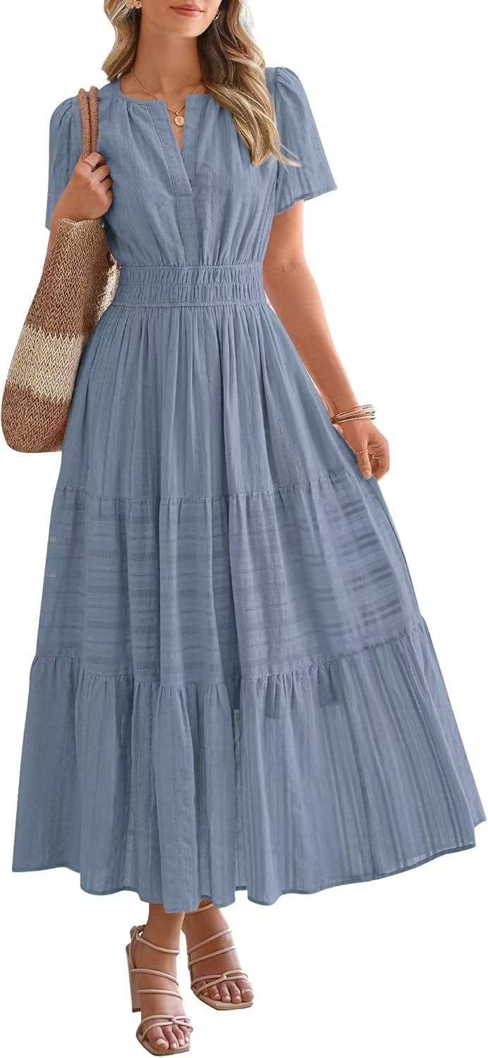 Damen Maxikleid mit modischem V-Ausschnitt und luftigen Rüschen Sovae