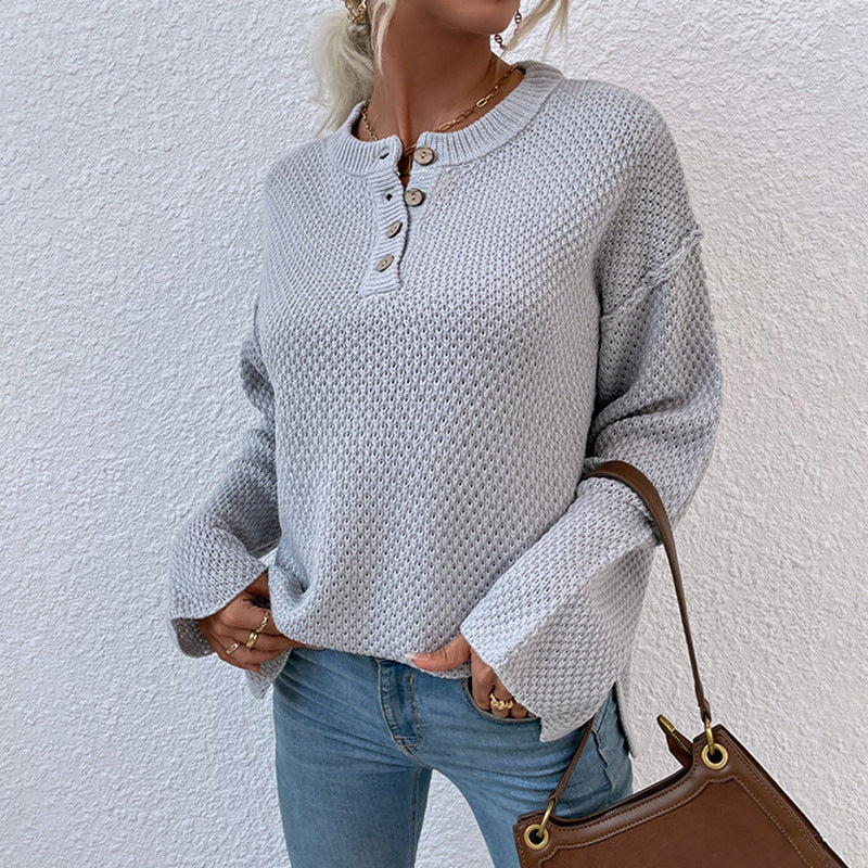 Damen gemütlicher Strickpullover mit Knopfleiste und breiten Ärmeln Sovae