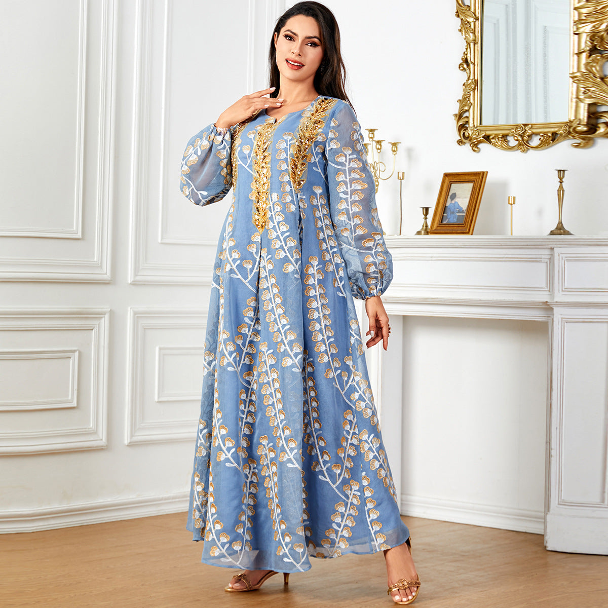 Damen Luftige, bodenlange Kaftan-Robe mit feiner Goldstickerei Sovae