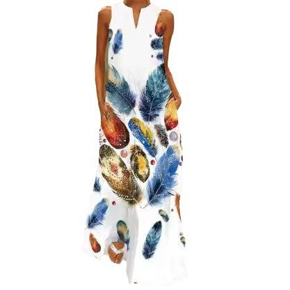 Damen Maxikleid mit modernen Federmuster und Seitentaschen Sovae